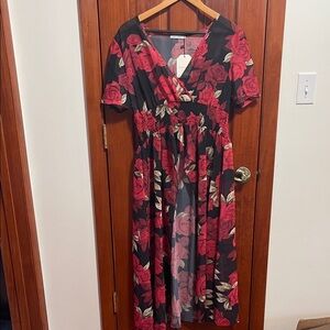 Floral V-Neck cover up with Smocked Waist - Red Rose